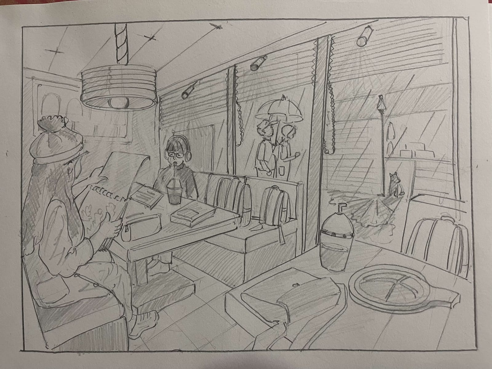 A Rainy Evening at a Cafe — sketch by a DShala UCEED student