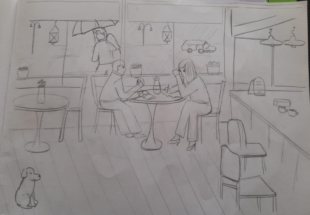 A Rainy Evening at a Cafe — sketch by a DShala UCEED student