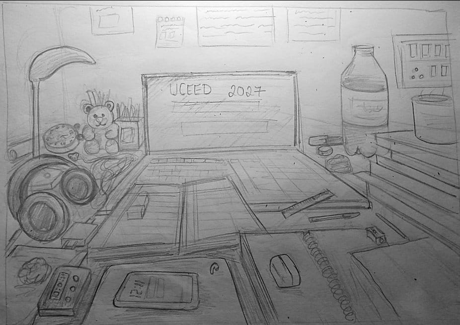 The Messy Gen-Z Study Desk — sketch by a DShala UCEED student
