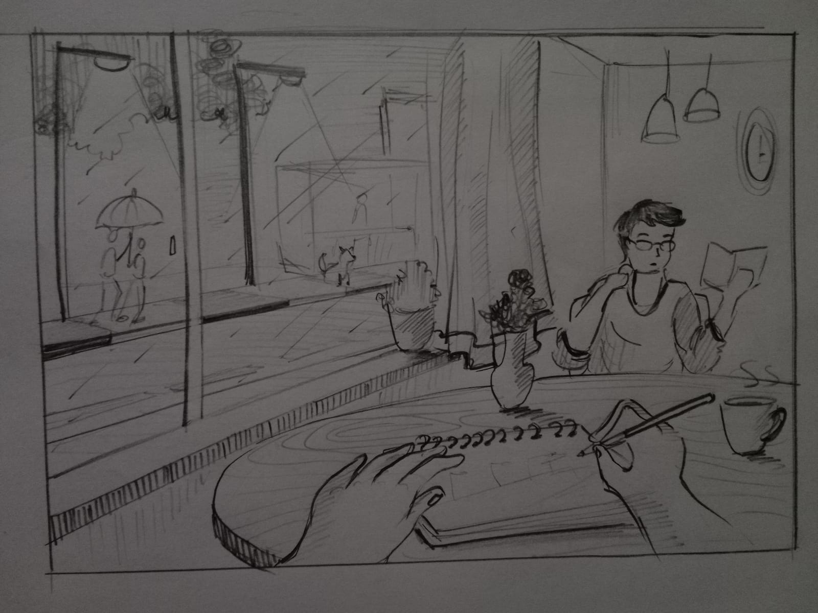A Rainy Evening at a Cafe — sketch by a DShala UCEED student