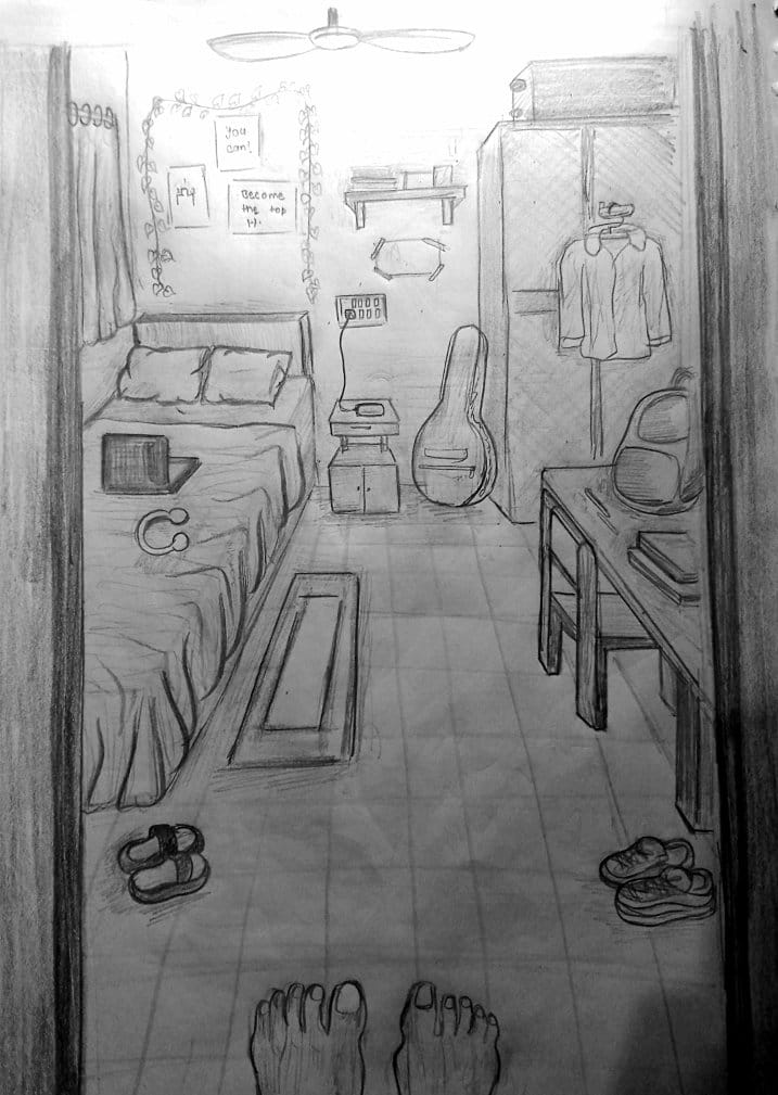 The Tiny Hostel Room — sketch by a DShala UCEED student