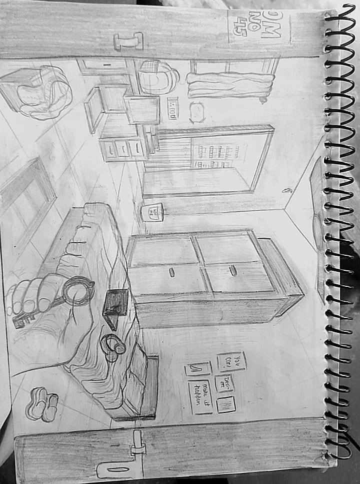 The Tiny Hostel Room — sketch by a DShala UCEED student