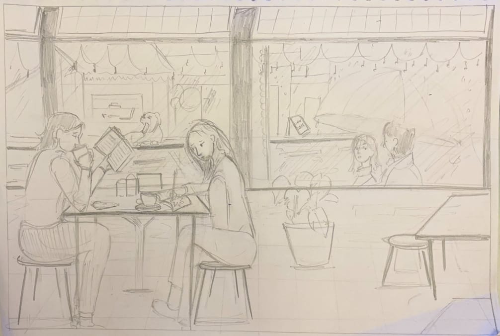 A Rainy Evening at a Cafe — sketch by a DShala UCEED student
