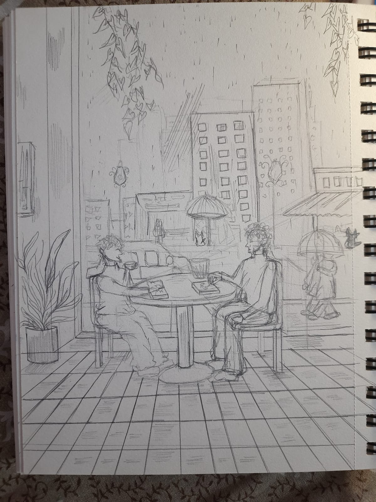 A Rainy Evening at a Cafe — sketch by a DShala UCEED student